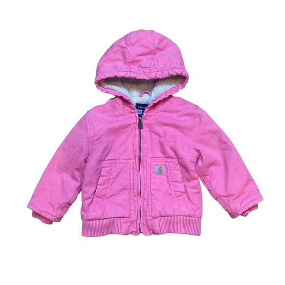 Carhartt Infant Girls 18M Pink Sherpa-Lined Hooded Jacket With Ribbed Cuffs & Po - Picture 1 of 7